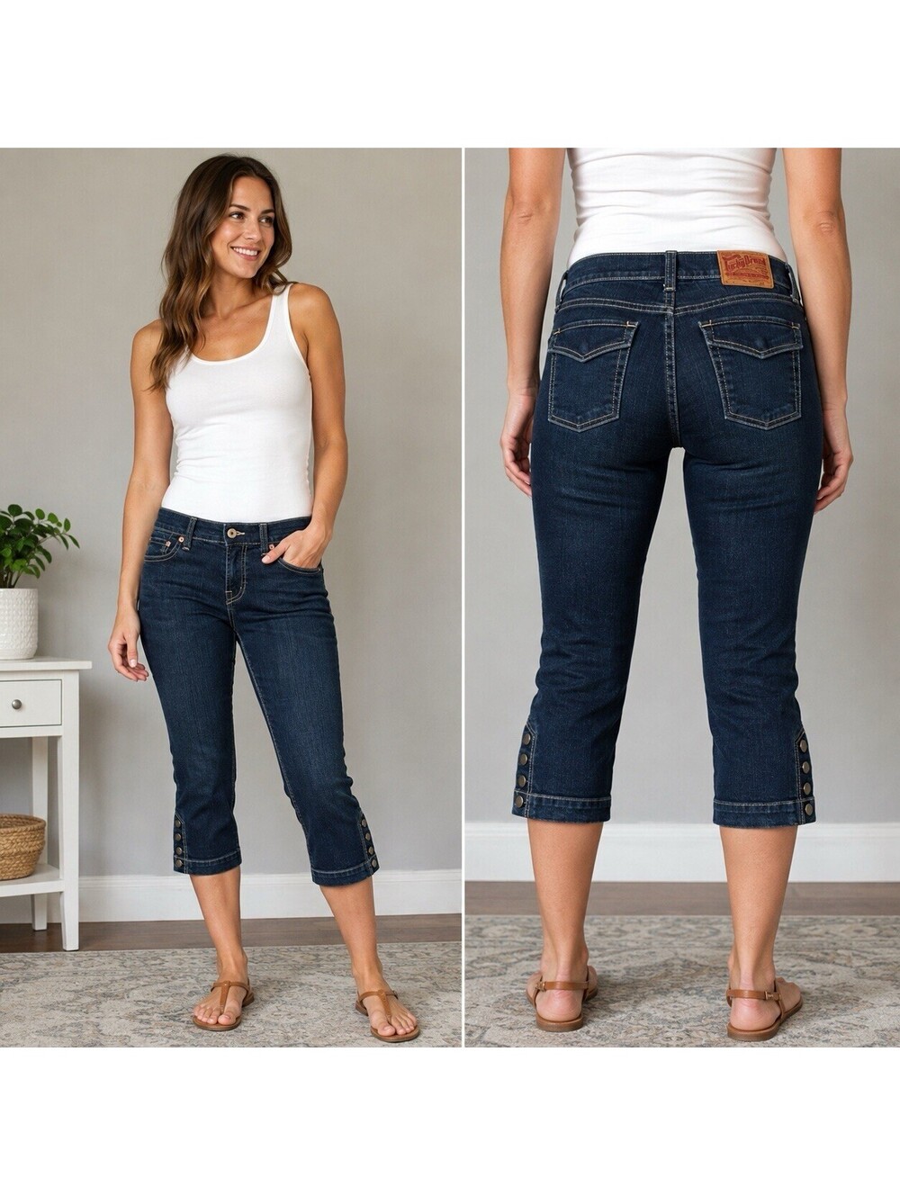 Lucky Brand Sweet N Low Jeans Size 6 28 Dark Wash Denim Capri Button Hem Y2k